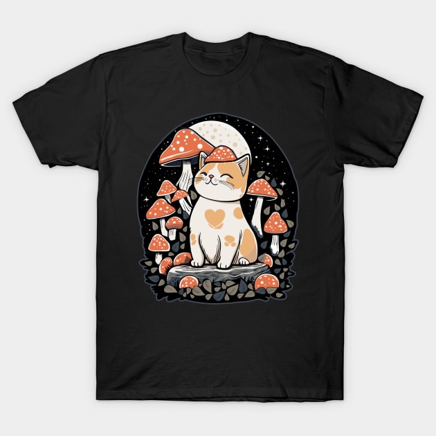 Cottagecore Aesthetic Cat with Mushroom Hat Kawaii T-Shirt by Bluzzkar
